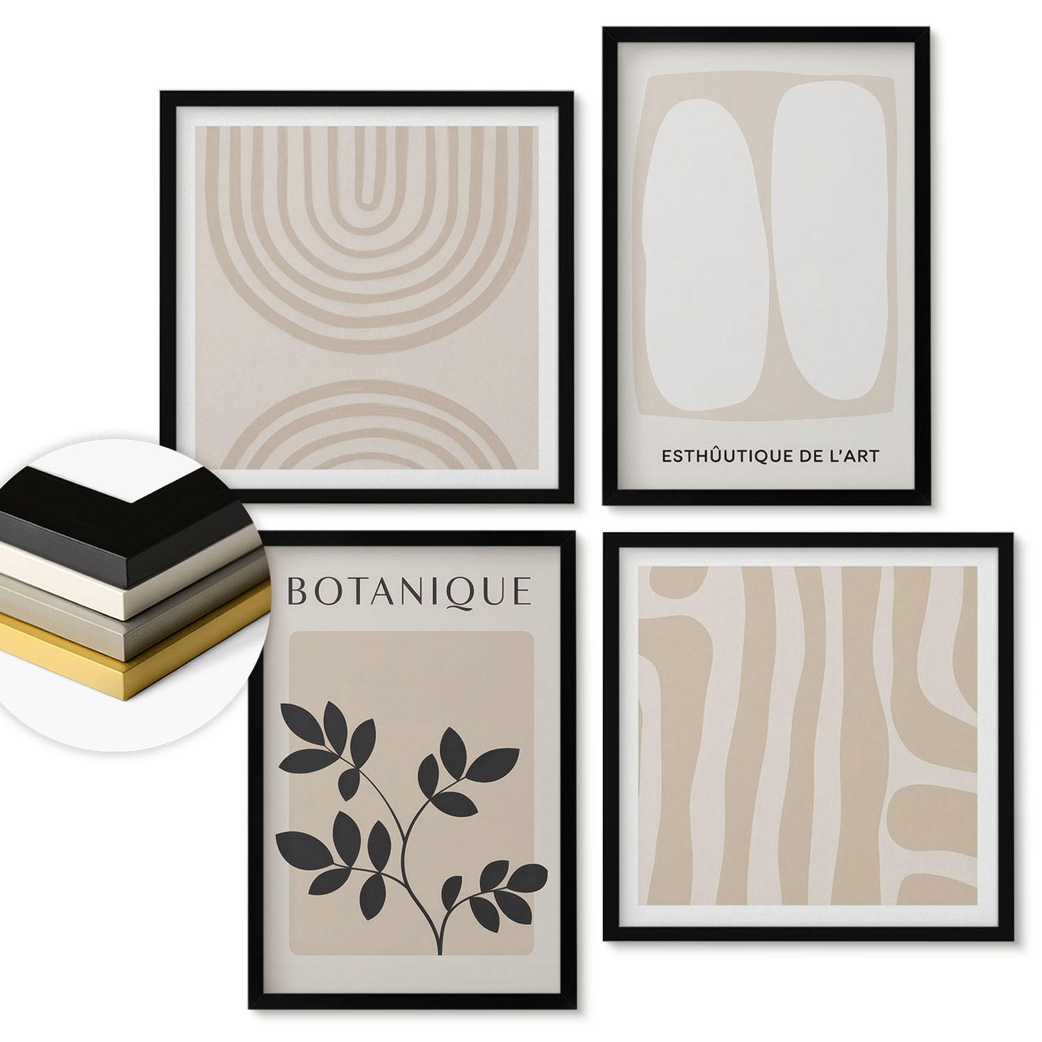 WANDBILDER 4er-Set - 50x50 cm & 40x60 cm Schwarzer Rahmen - Boho-Pflanzenposter - Schwarz, Kunststoff (50/50cm) - ArtPrintCave