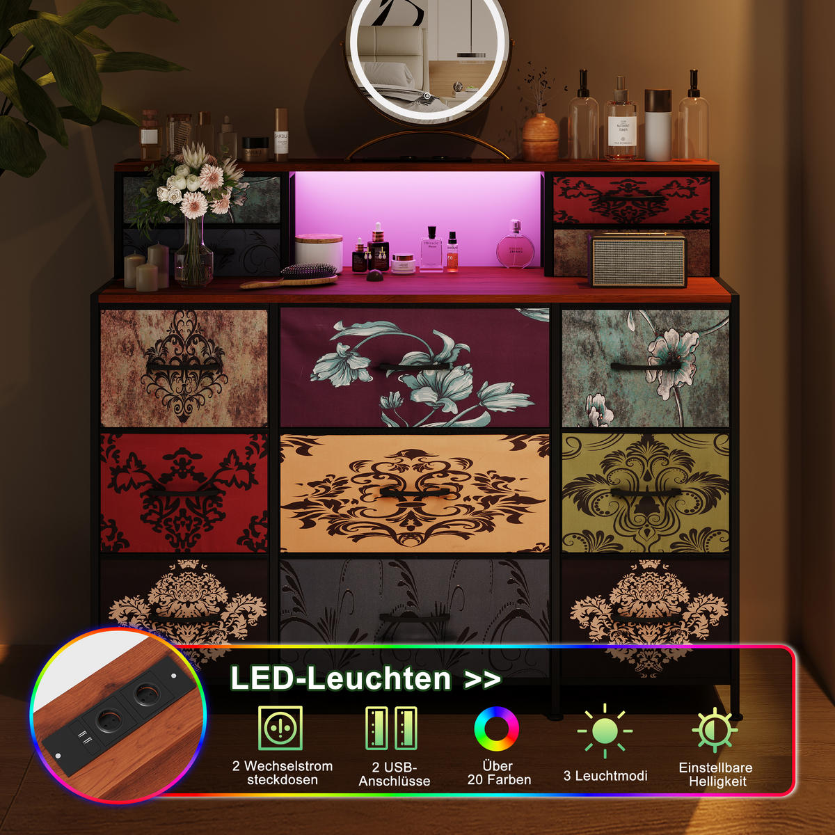 SCHMINKTISCH, 13 Schubladen, Vintage Design, für Schlafzimmer & Wohnzimmer - Multicolor, Holz (109.2/97.3/28cm) - EuroLiving