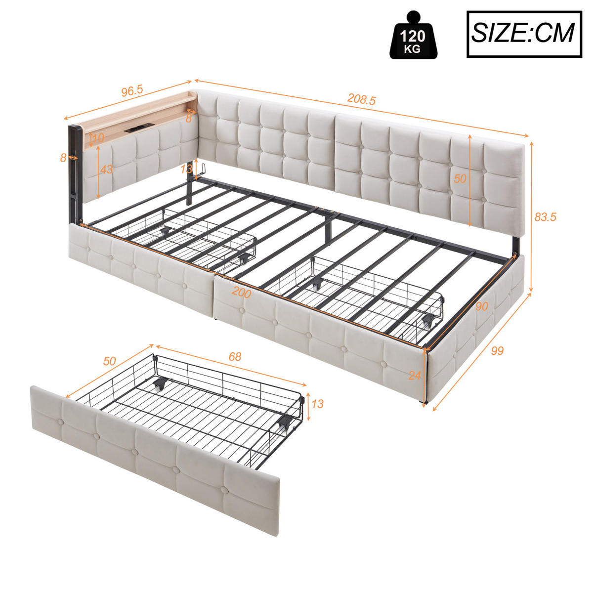 POLSTERBETT 90x200 cm mit LED, USB-C, Schubladen, Beige - Beige, Holz (90/200cm)