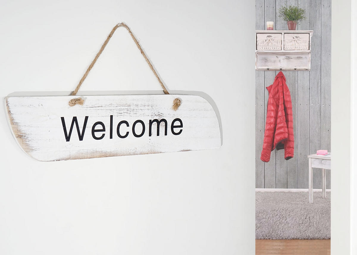 WANDSCHILD WILKOMMEN SHABBY-LOOK Reinweiß - Weiß, Holz (43/10/1cm) - Jamb