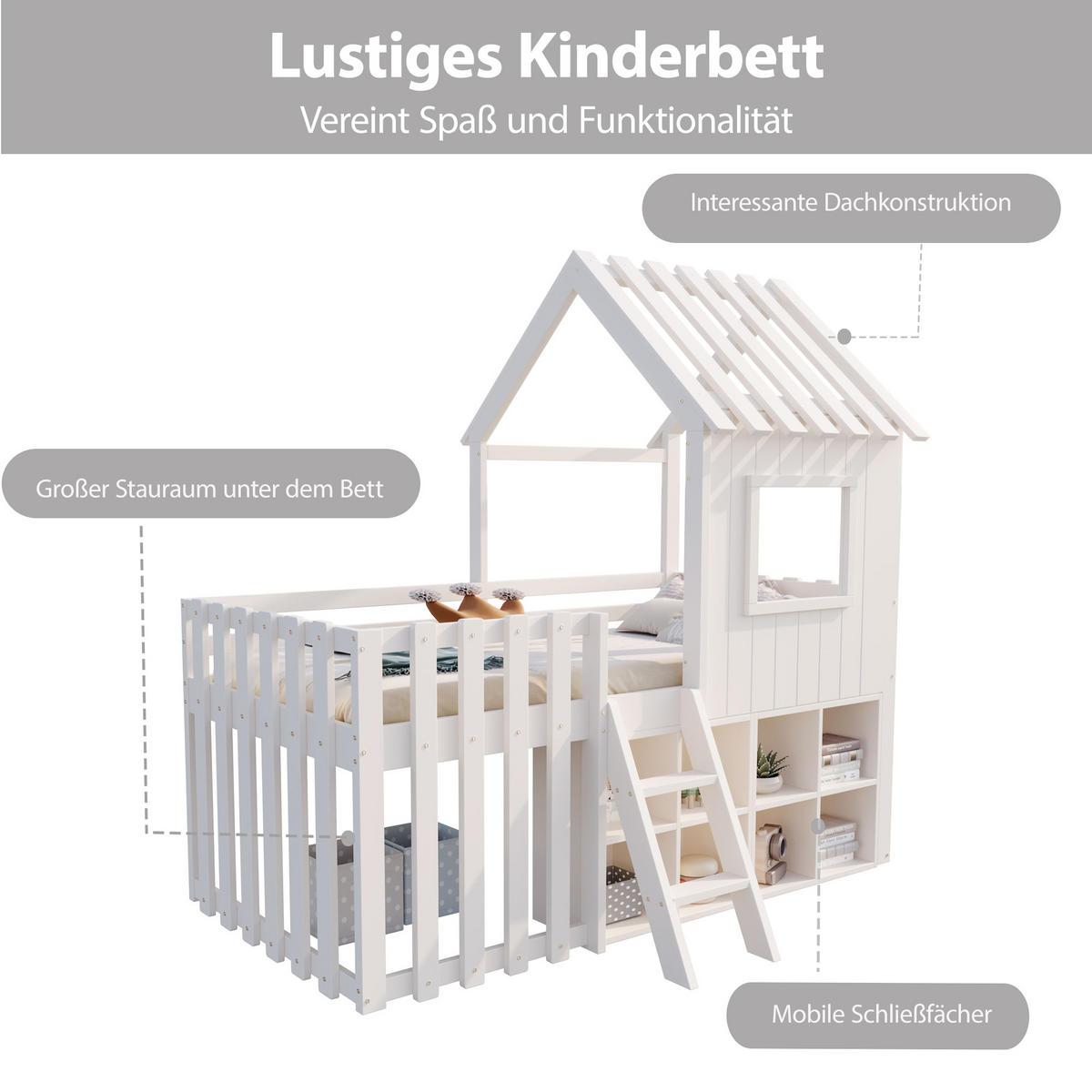 HAUSBETT 90/200 cm Weiß mit Dach und Fenster, Massivholz und offenem Stauraum - Weiß, Holz (90/200cm) - OKWISH