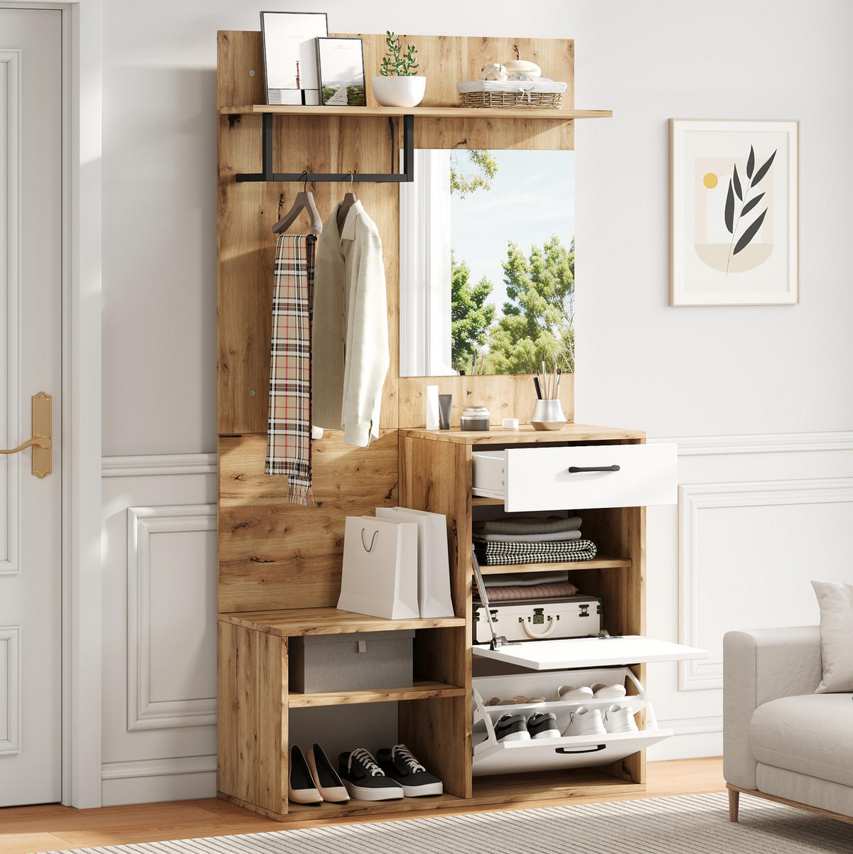 GARDEROBENSET mit Spiegel und Schuhbank 100 x 38,5 x 190 cm Weiß/Natur - Weiß, Holzwerkstoff (38.5/190/100cm) - Beauniv