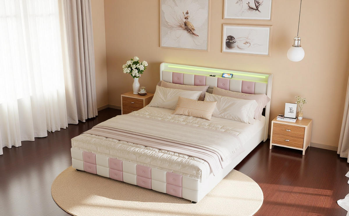 POLSTERBETT 140x200 cm Weiß Rosa Samt LED USB 4 Schubladen - Weiß, Holz (140/200cm) - SHOPENTRA