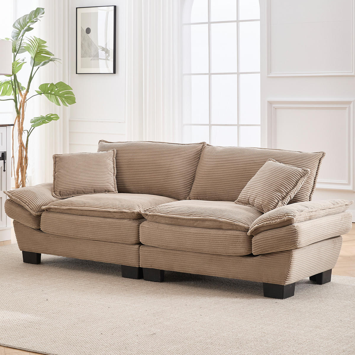 2-SITZER Sofa aus Samt 224x81x81 cm Khaki mit ultratiefem Sitz, 2 Kissen und gepolsterten Armlehnen - Naturfarben, Textil (81/81/224cm) - Modfu