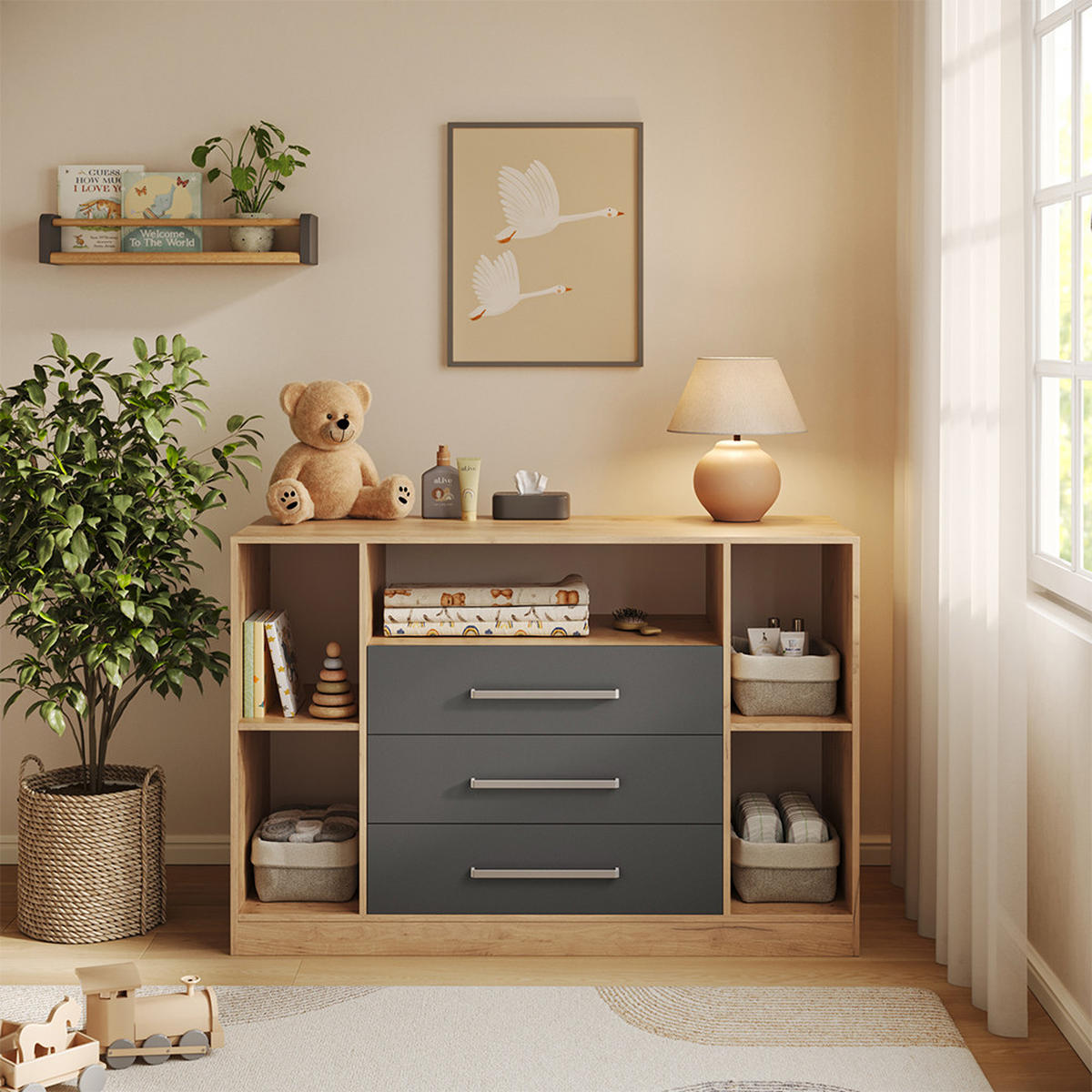 PREVIJALNA OMARA Olina, Zlati hrast z močjo/Antracit, 138.3 x 93 cm - medeni hrast/antracit, leseni material (138.3/93/50cm) - Vicco