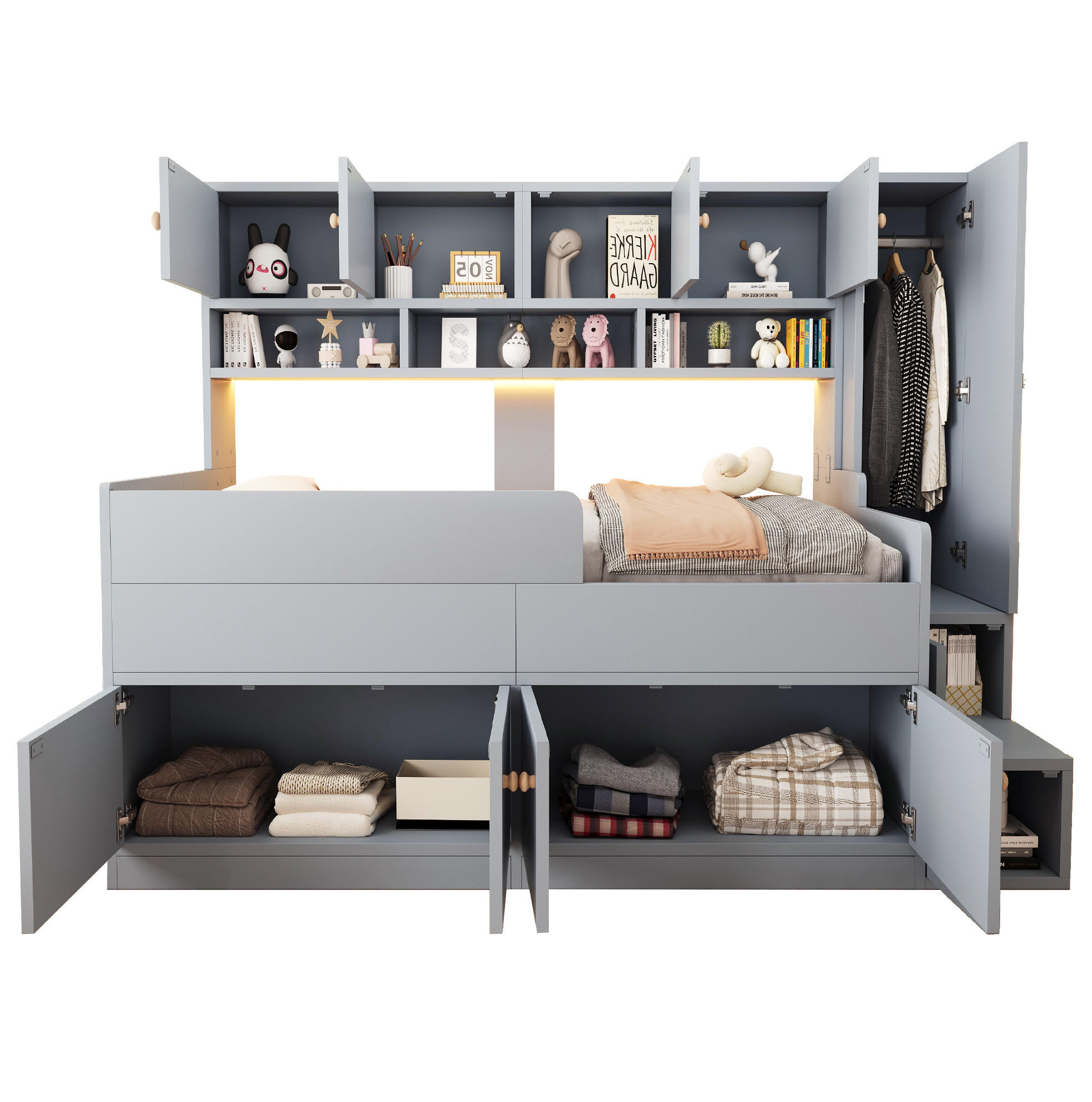 KINDERBETT Holz 90x200 cm Grau mit Stauraum, Leiter, Kleiderschrank und LED-Beleuchtung - Grau, Holz (90/200cm) - Modfu