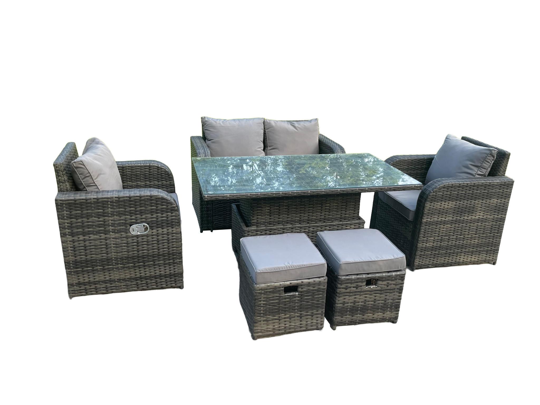GARTENMÖBELSET Polyrattan 6-Sitzer - Dunkelgrau/Grau, Glas/Kunststoff - Fimous
