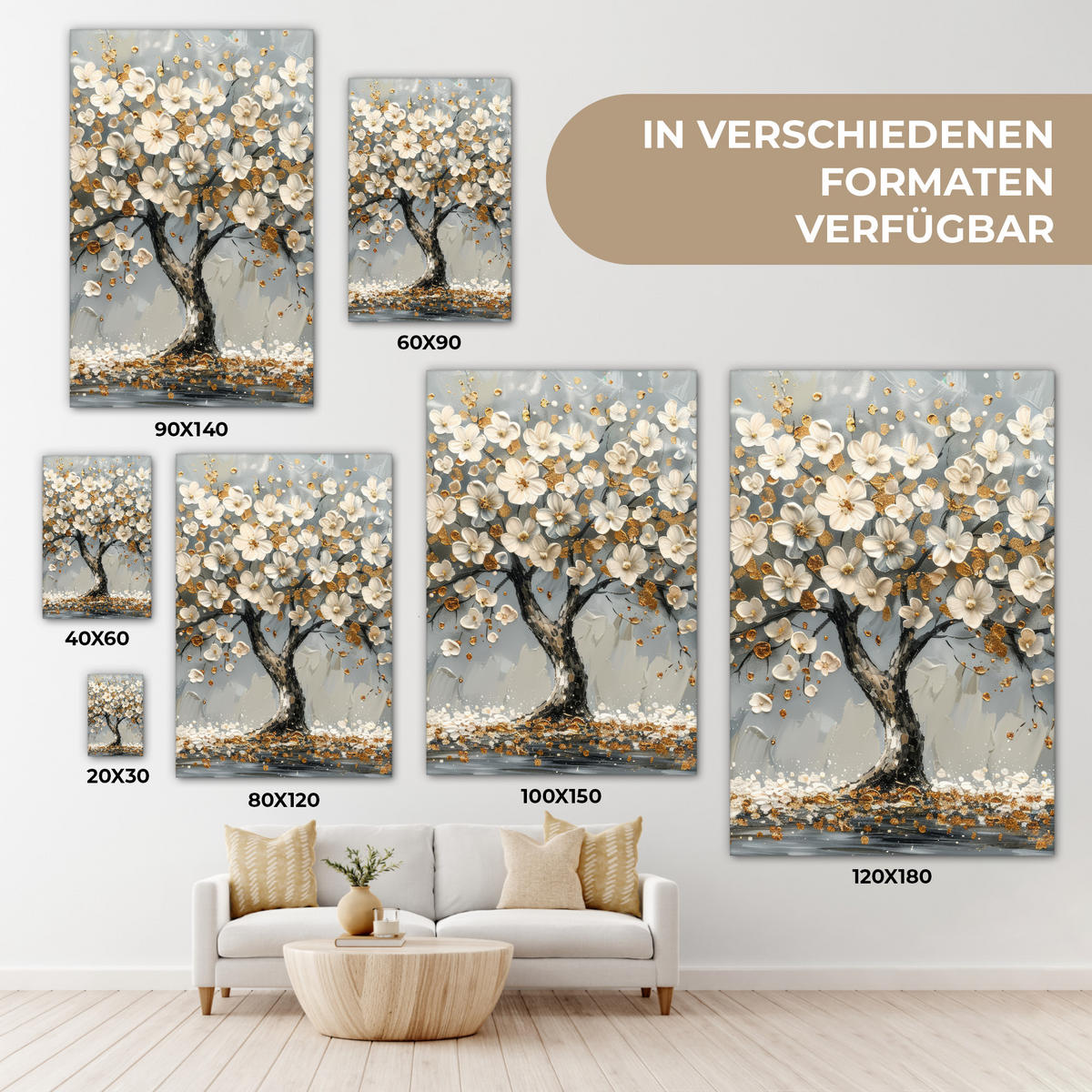 LEINWANDBILD Baum - Blumen - Weiß - Natur - Kunst 80x120 cm - Weiß, Textil (80/120cm) - MuchoWow