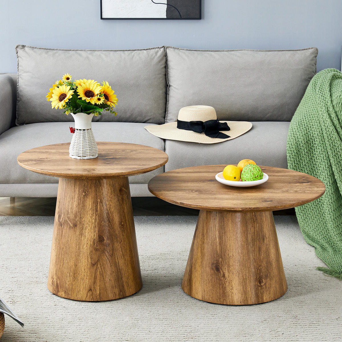 BEISTELLTISCH-SET rund aus MDF in Holzoptik, 50/48 cm & 60/35 cm - Naturfarben, Holzwerkstoff (50/50/48cm) - BEAOK