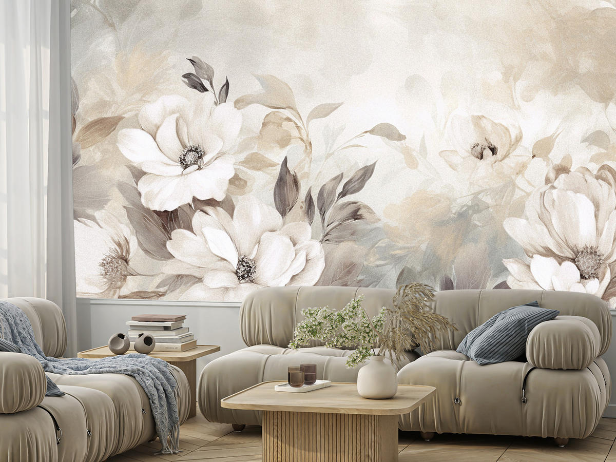 FOTOTAPETE für Schlafzimmer Abstrakte Creme Blumen Aquarell 350x256 - Beige/Braun, Papier (350/256cm) - Muralo