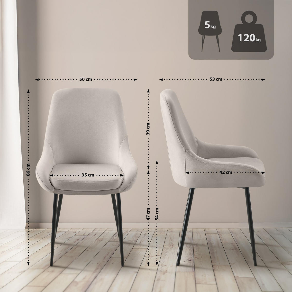 STUHL Samt Grau - Schwarz/Grau, Textil (50/86/53cm) - CLP