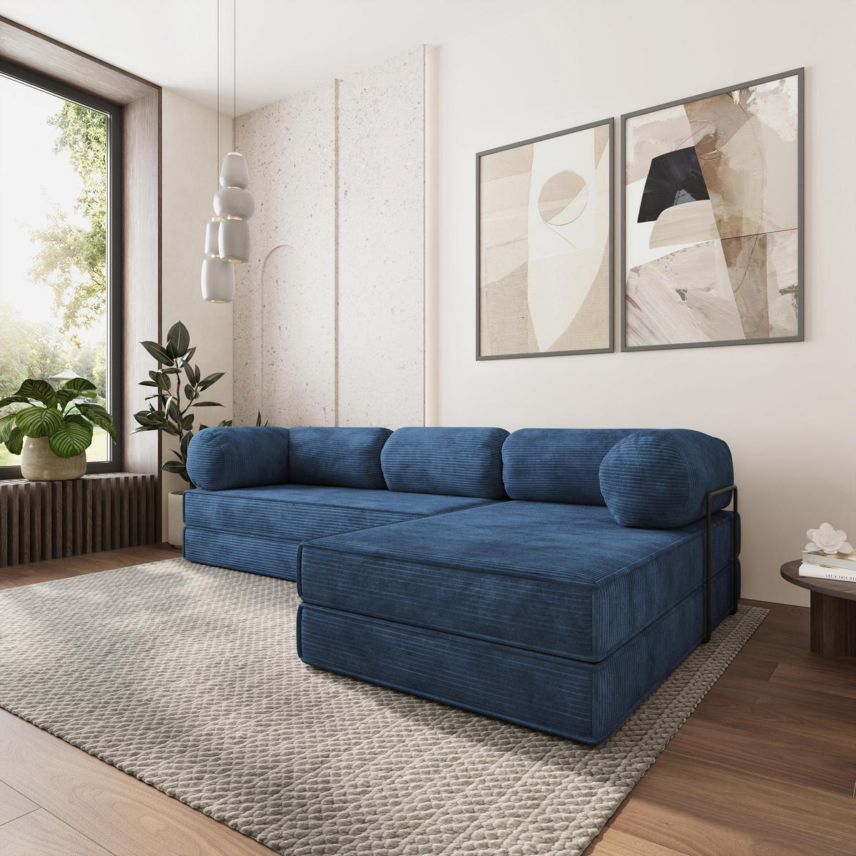ROHOVÁ SEDAČKA ETERA modulární Boneless pohovka s funkcí spaní, modrá POSO 05 - modrá, textil (270/160cm) - MASSENO