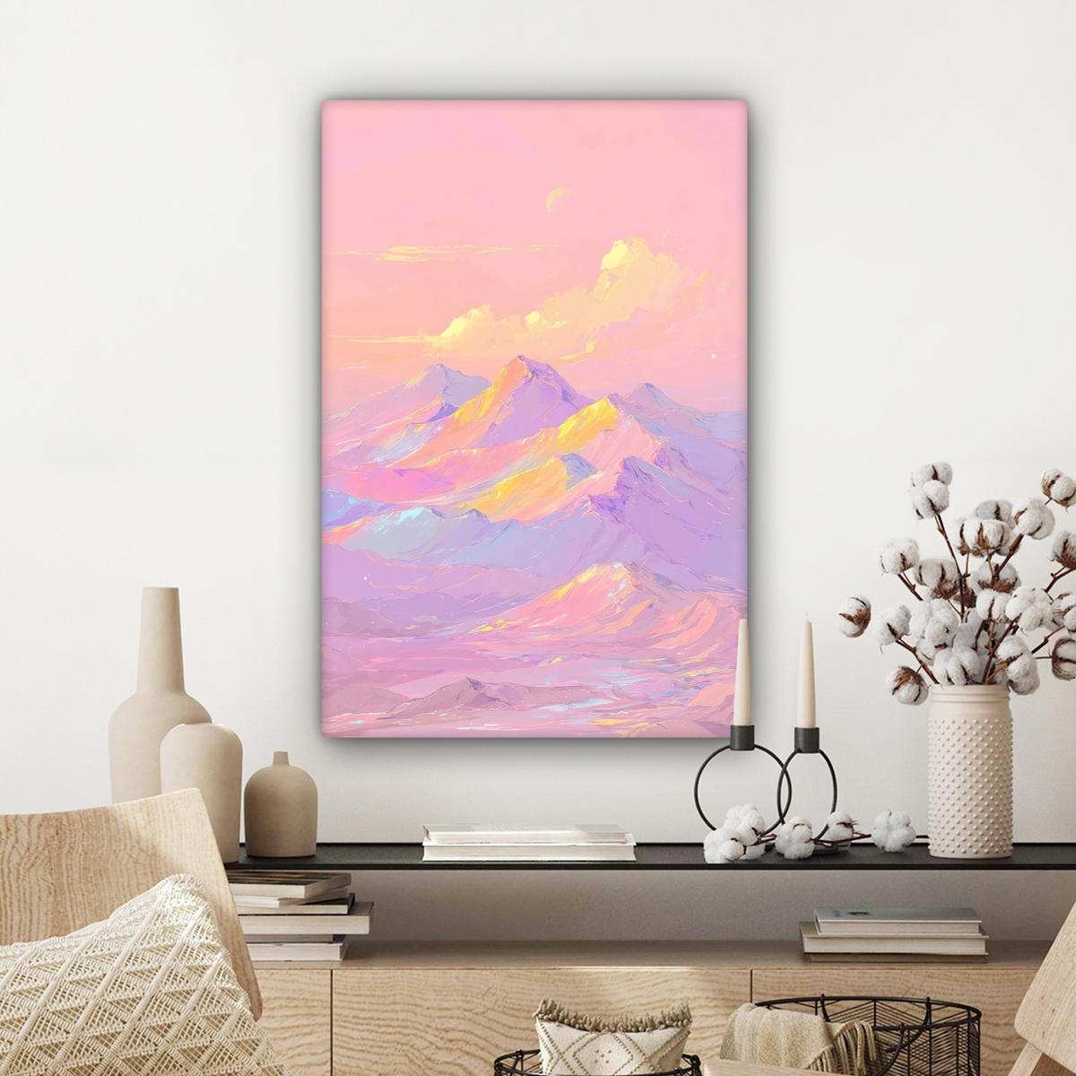 LEINWANDBILD Berggipfel - Wolken - Verträumt Wanddeko Schlafzimmer 60x90 cm - Hellrosa, Textil (60/90cm) - MuchoWow