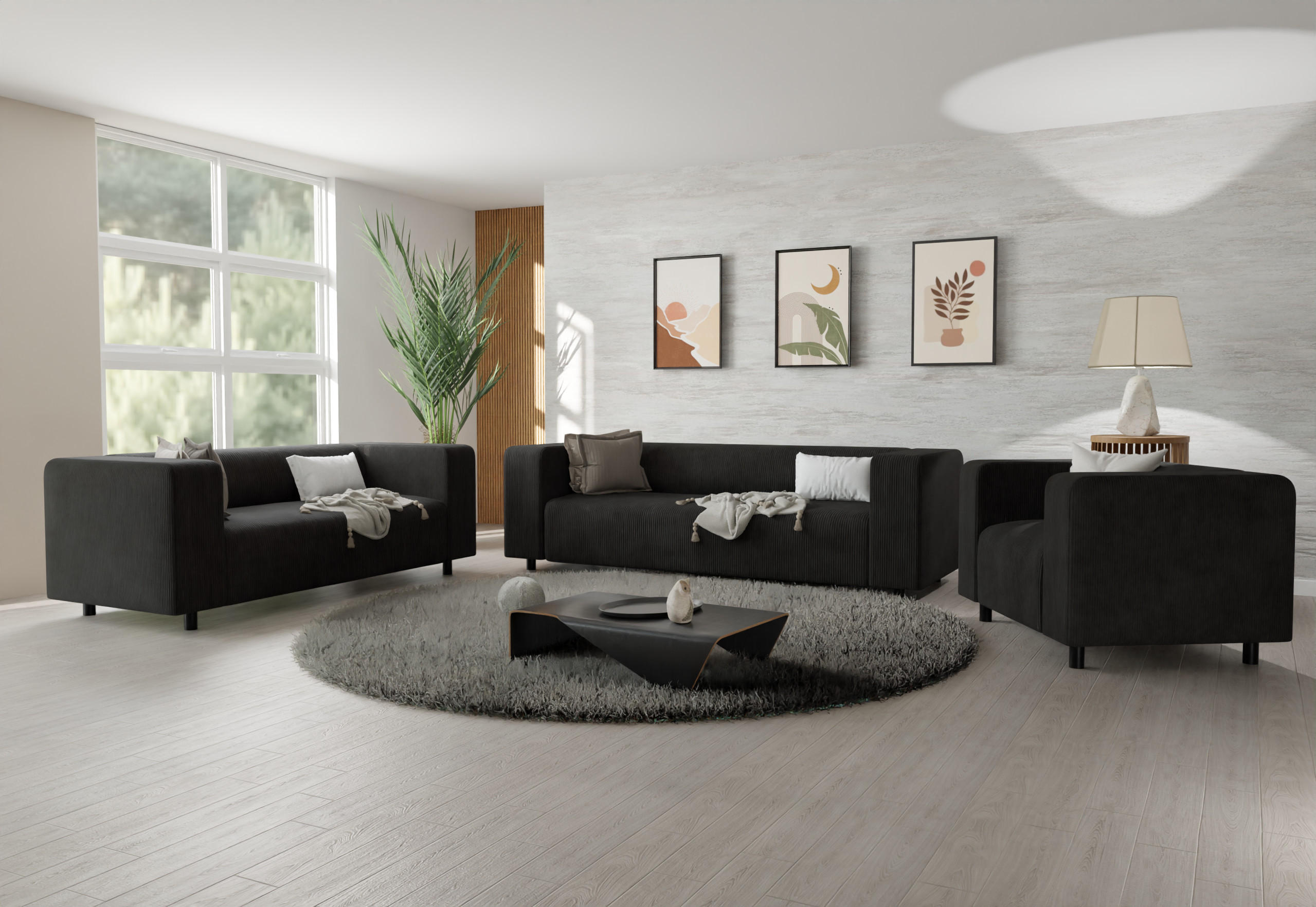 SITZGARNITUR 3+2+1 Tove Schwarz Cord - Schwarz, Holz/Kunststoff (175/65/80cm) - S-Style Möbel