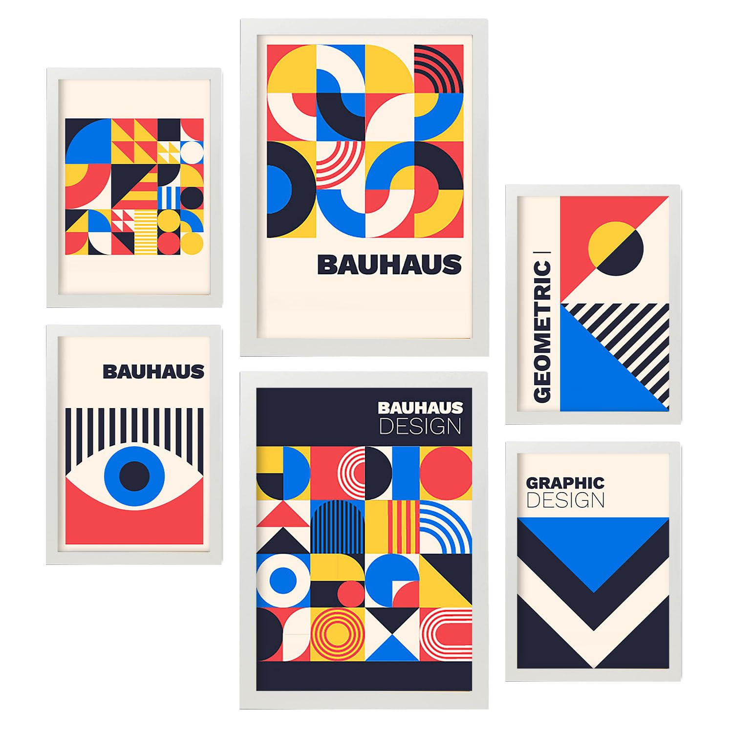 POSTER Set Mit 6 Drucken Im Bauhaus 6 Geometrische Designkollektion Drucke Mit Frames Ästhetische Dekorative Rahmen Für Zuhause A3 & A4 Weißer Rahmen - Weiß, Papier (29/3cm) - Nacnic