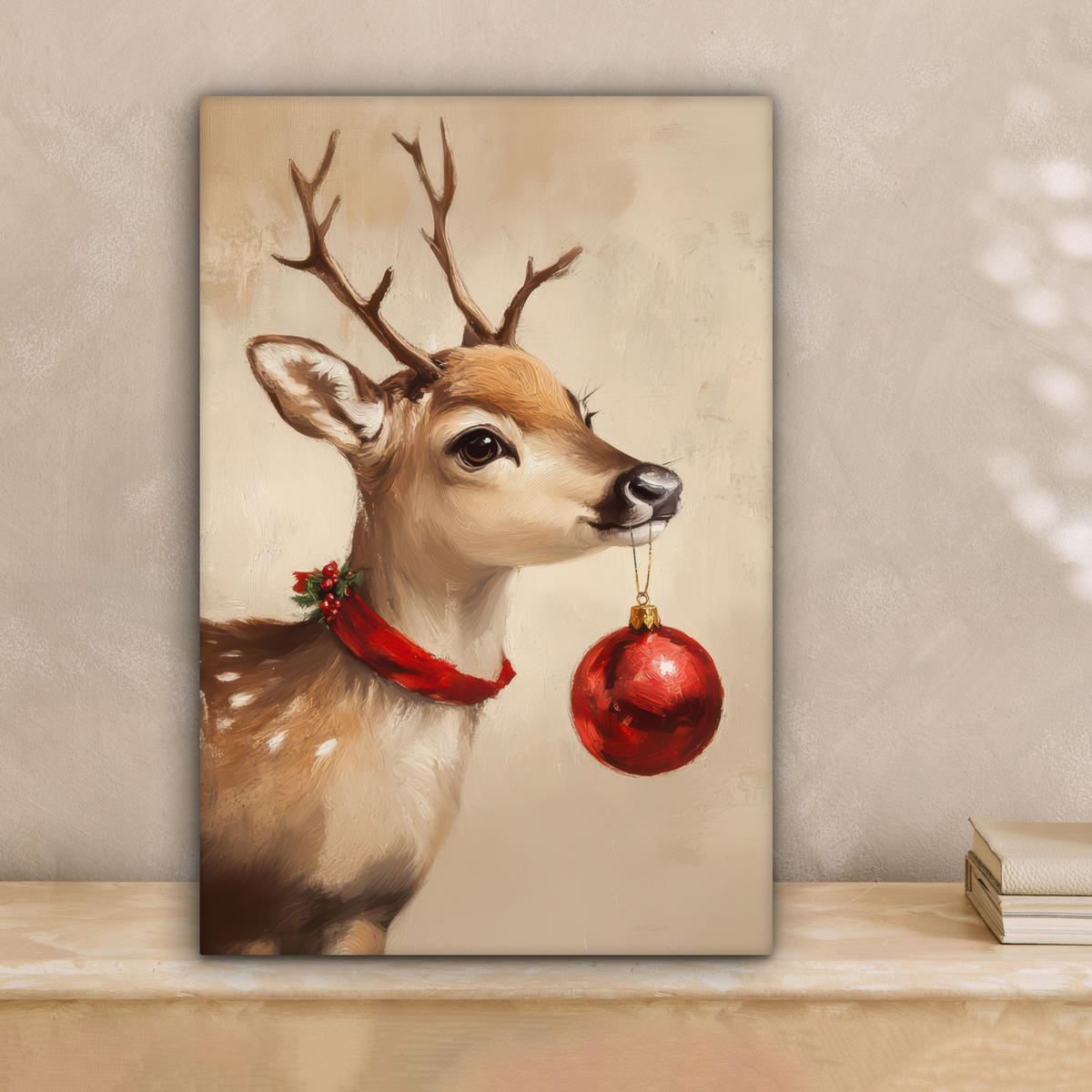 LEINWANDBILD Weihnachten - Hirsch - Geweih - Weihnachtskugel - Rentier Deko Wohnzimmer 20x30 cm - Hellbraun, Textil (20/30cm) - MuchoWow