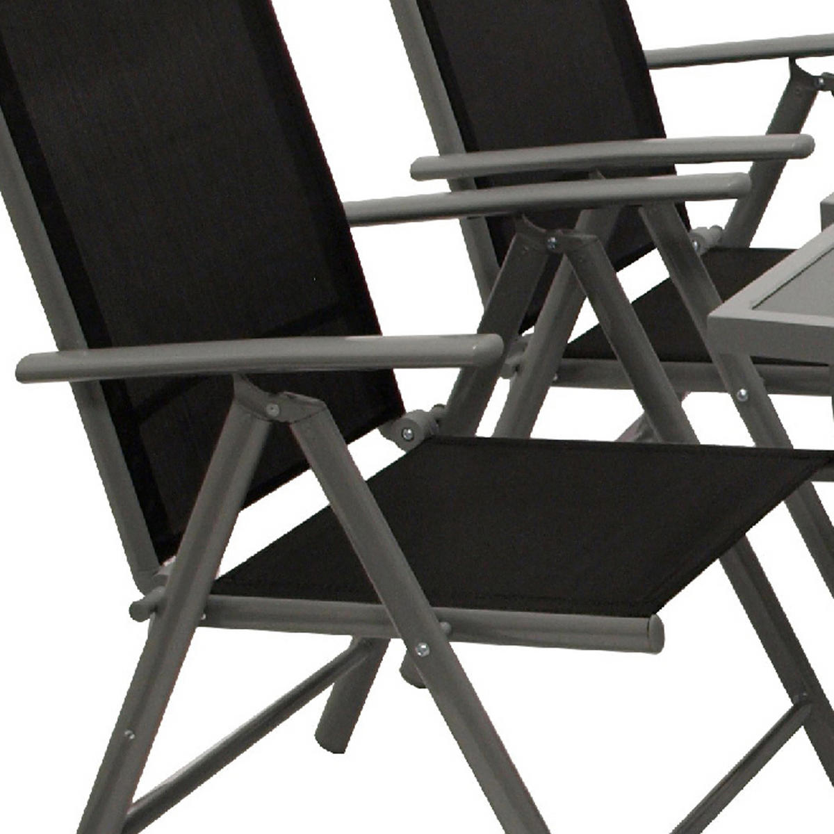 GARTEN-GARNITUR Ashford - 5-teilige Garten-Essgruppe (4x Klappsessel mit Armlehnen, 1x Auszieh-Tisch 65/130x65cm), Gestell Aluminium - Schwarz, Metall - TPFGarden