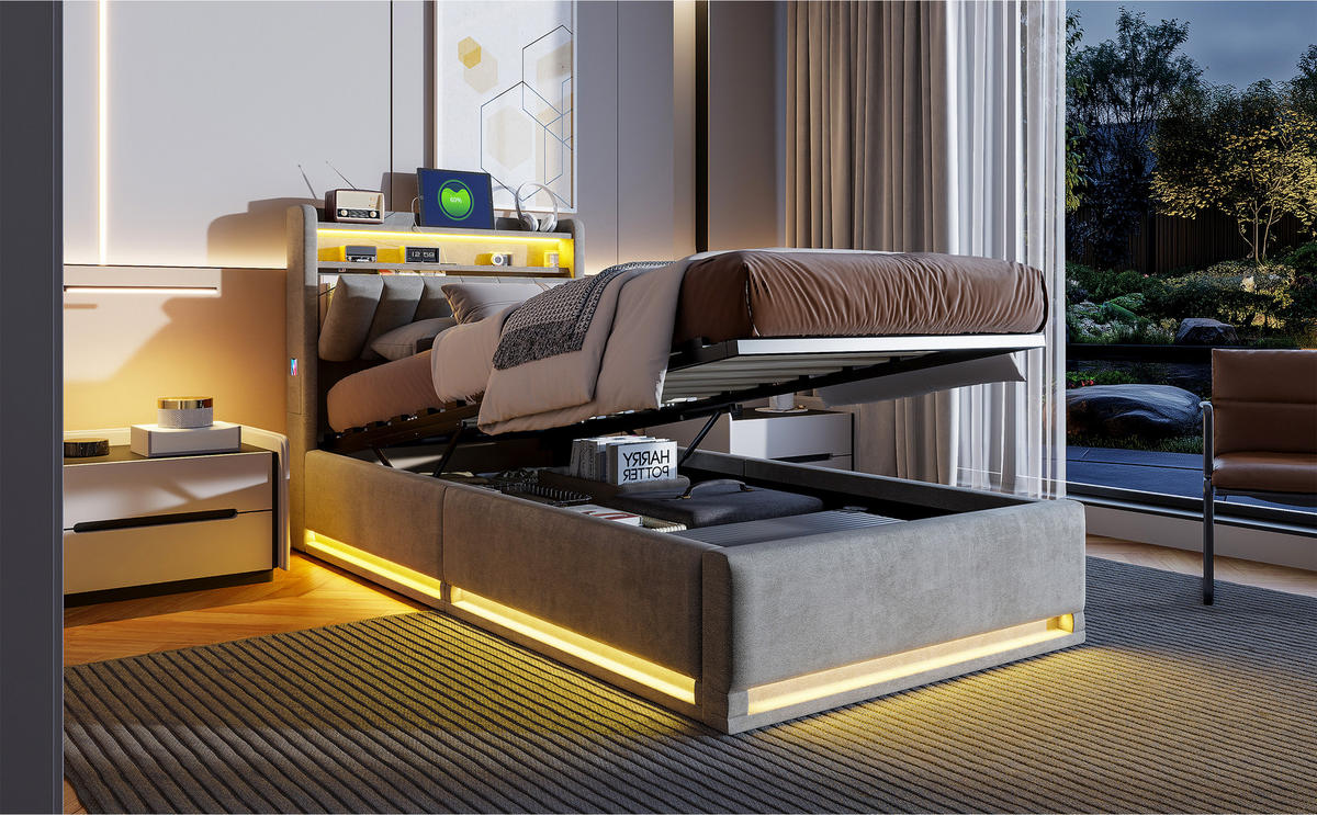 POLSTERBETT 90x200 cm Samt LED USB Bettkasten - Grau, Holz (90/200cm) - SHOPENTRA