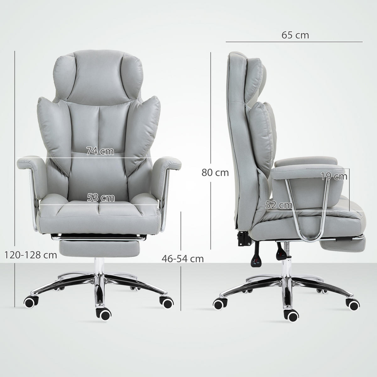 BÜROSTUHL mit Liegefunktion, ergonomisch Schreibtischstuhl, Drehstuhl Hellgrau - Chromfarben/Hellgrau, Textil/Metall (65/128/74cm) - HOMCOM