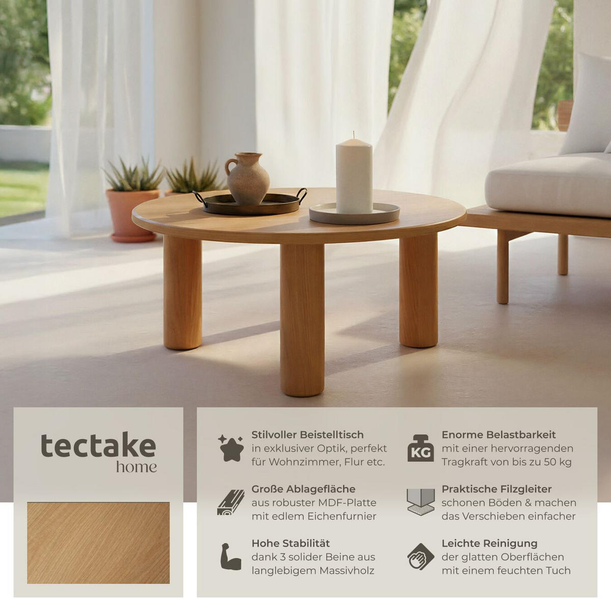 COUCHTISCH Sisi,bodenschonende Filzgleiter,Eiche hell - Eichefarben, Holz (80/80/35.5cm) - tectake