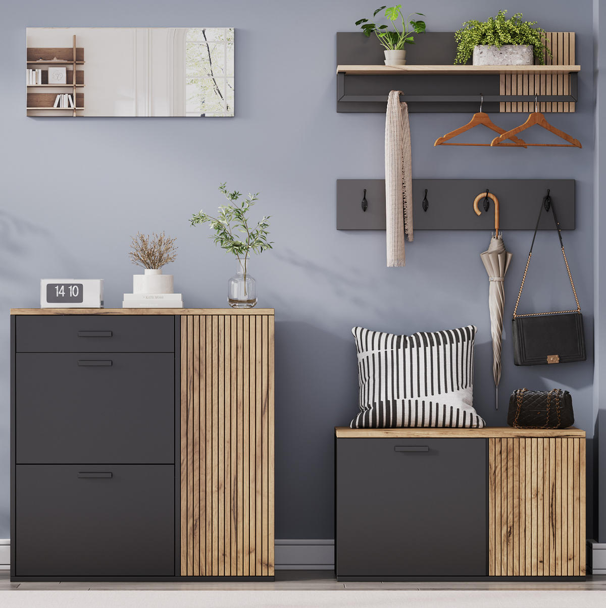 SCHUHSCHRANK 85/85/36 cm Natur/Schwarz aus Holzwerkstoff mit Schuhbank 5er Set - Naturfarben, Holzwerkstoff (85/85/36cm) - OKMYHOME