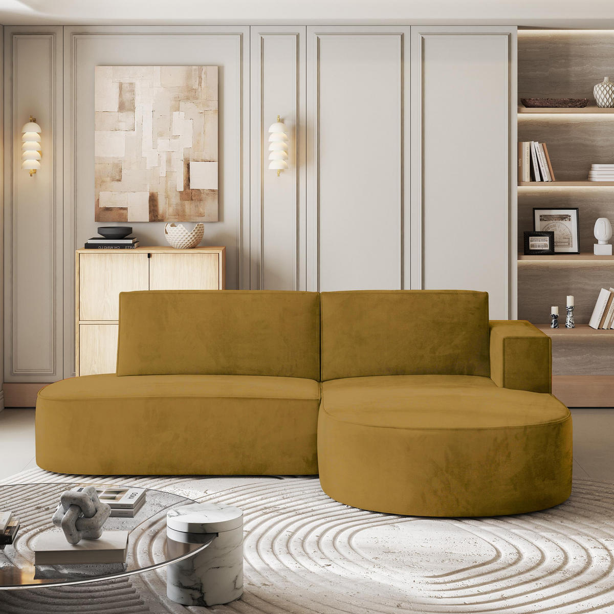 ECKSOFA CORTIO M R-S Gelb Velours-Stoff mit Schlaffunktion - Gelb/Grau, Holz/Kunststoff (265/174cm) - MASSENO