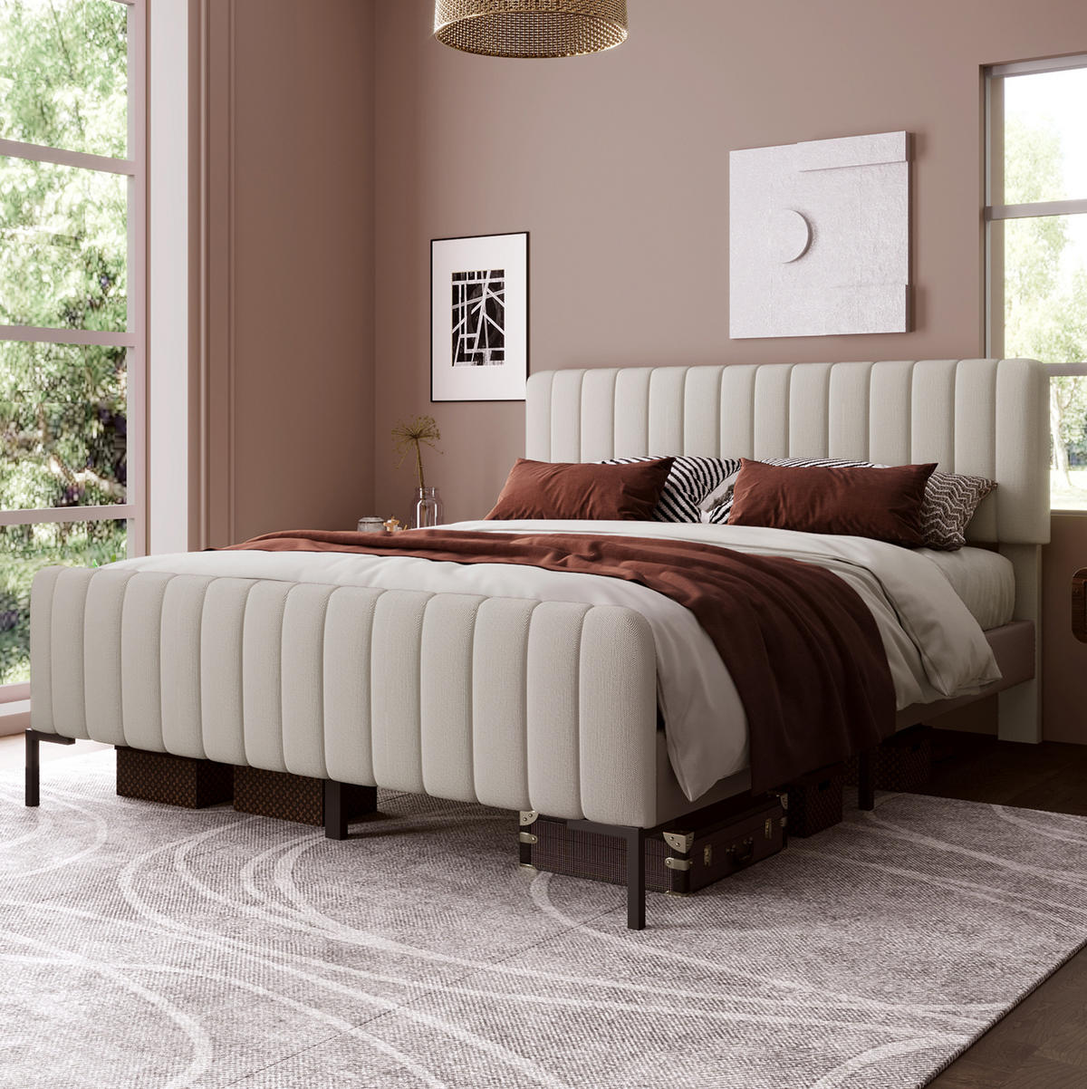 POLSTERBETT 160/200 cm in Grau-Beige mit Matratze und verstellbarem Kopfteil - Grau, Textil (160/200cm) - Flora Grace