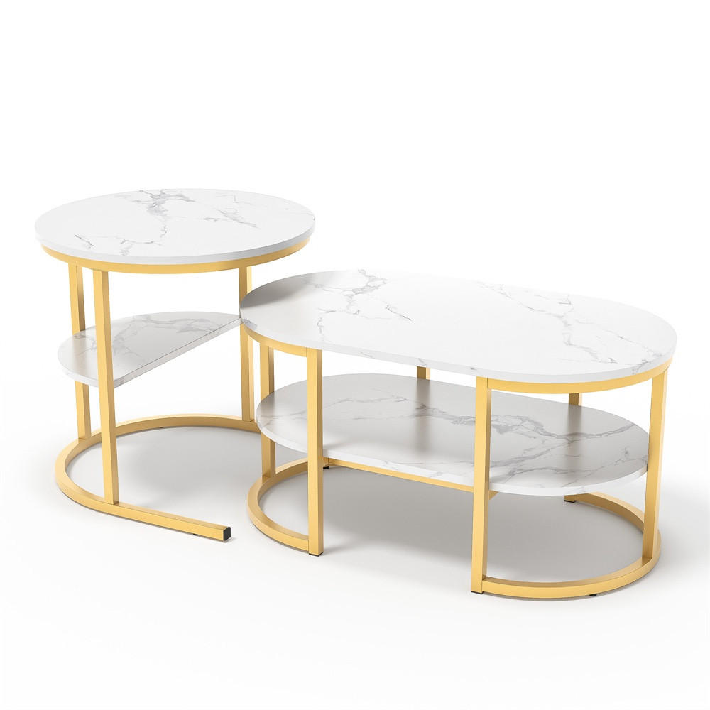 COUCHTISCH 2er-Set - Ovaler und Runder Couchtisch in Marmoroptik mit Ablage - Weiß und Gold - Goldfarben, Holzwerkstoff (46/80/41cm) - DELFA