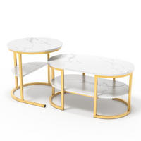 COUCHTISCH 2er-Set - Ovaler und Runder Couchtisch in Marmoroptik mit Ablage - Weiß und Gold - Goldfarben, Holzwerkstoff (46/80/41cm) - DELFA