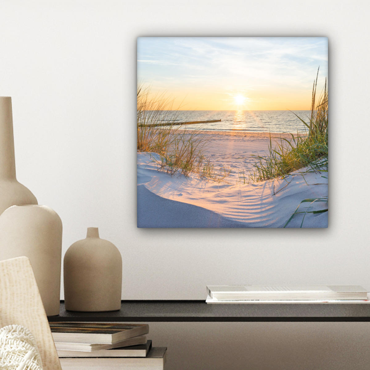 LEINWANDBILD Strand - Sonne - Düne - Gras - Sand - Horizont 20x20 cm - Hellblau, Textil (20/20cm) - MuchoWow