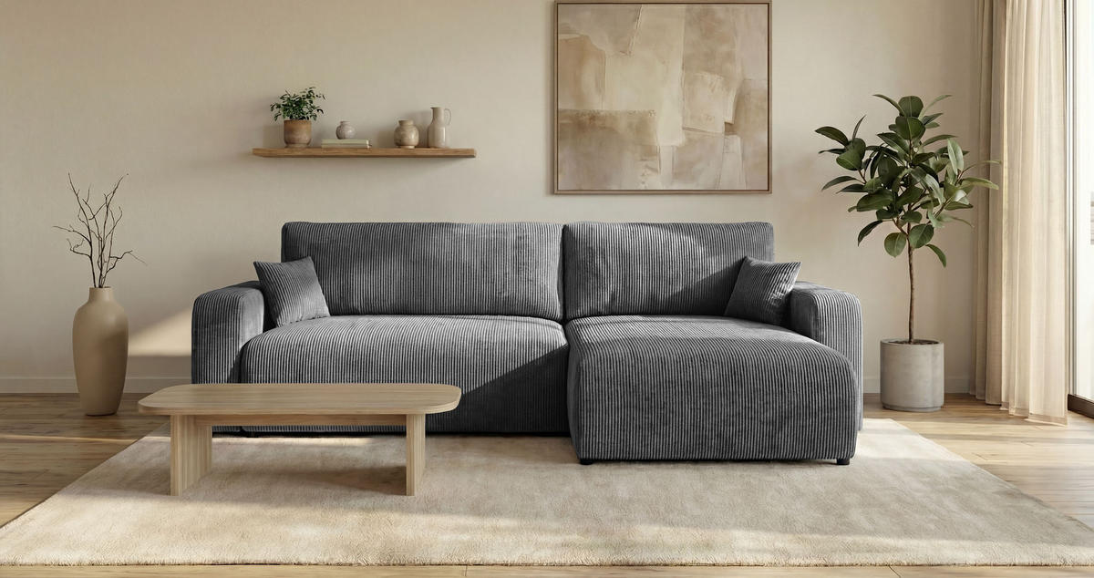ECKSOFA BERLIN rechts dunkelgrau Cord Poso 60 - Schlaffunktion, Bettkasten - Anthrazit, Textil (285/184cm) - Cornero