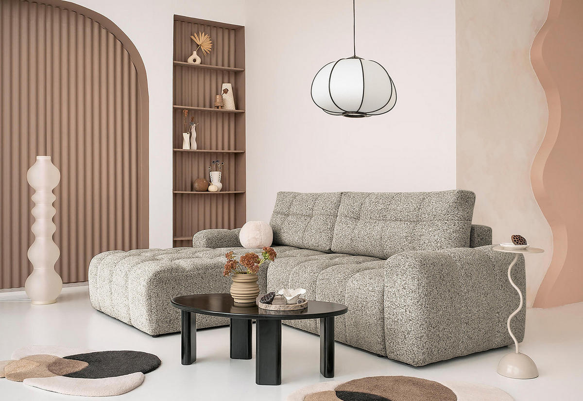 ECKSOFA mit Schlaffunktion - Strukturstoff - Beige/Schwarz, Kunststoff/Textil (268/184cm) - home24