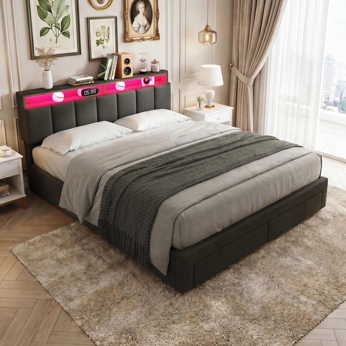 BETT 180x200 cm mit Stauraum, LED und 2 Schubladen, Lattenrost, Bettkasten, höhenverstellbares Kopfteil, Grau - Grau, Holz/Textil (180/200cm) - GENKI LIVING
