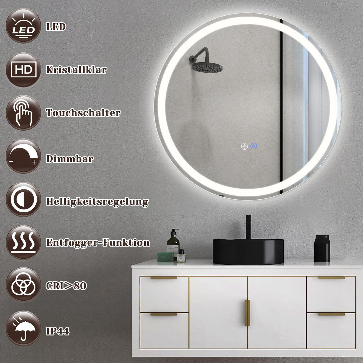 BADEZIMMERSPIEGEL Mainz mit LED-Leuchte Ø80 cm - Weiß, Glas (80/2.5/80cm) - Nettlife