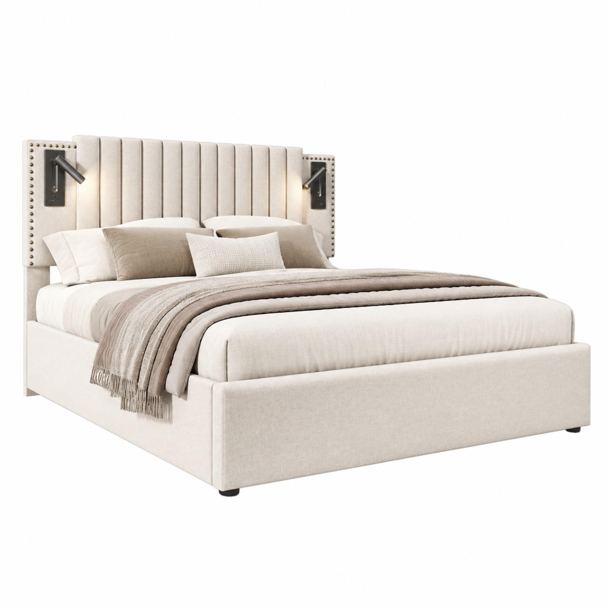 POLSTERBETT mit Bettkasten 160x200 cm Beige mit USB und Leselicht - Beige, Metall (160/200cm) - Meubliv