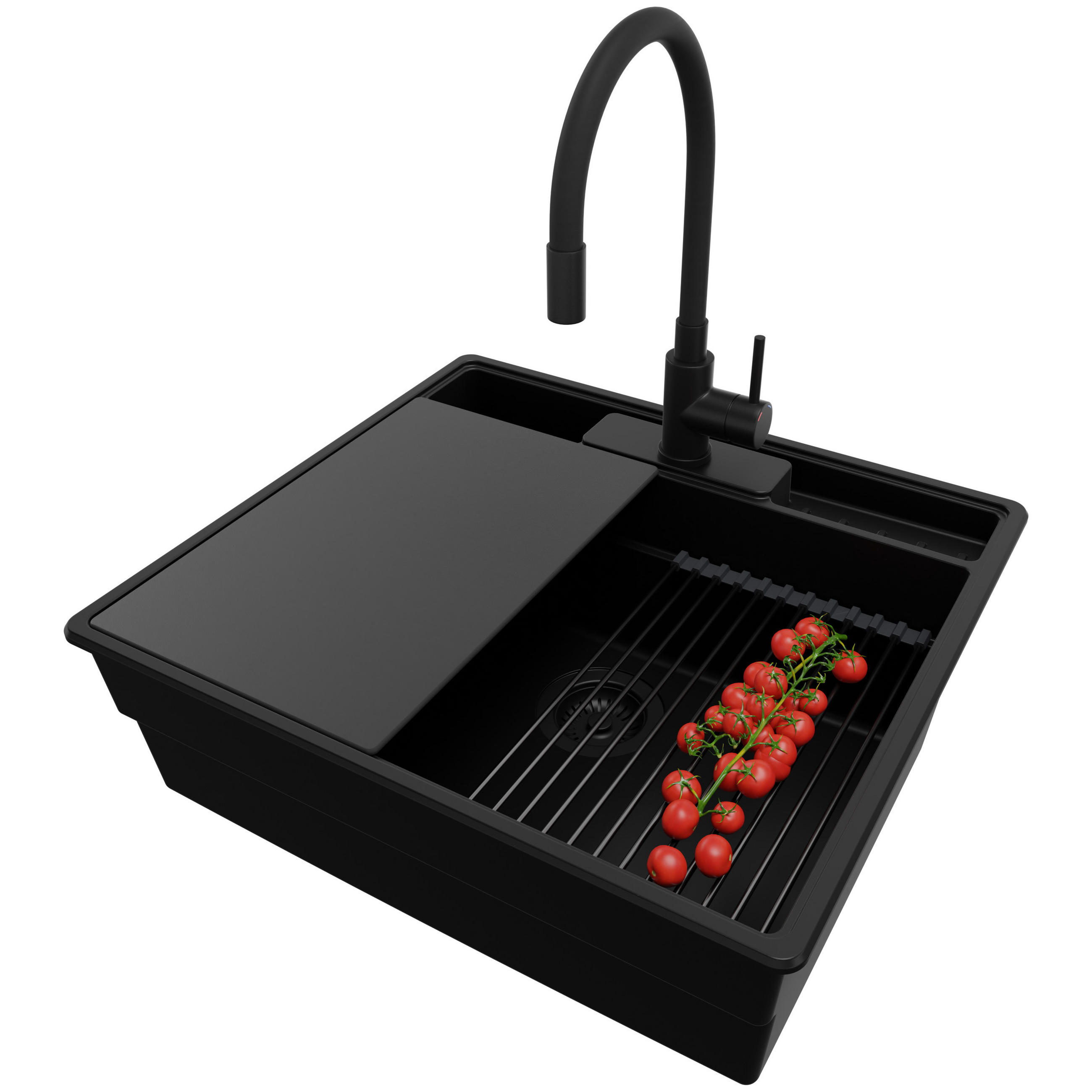 GRANITSPÜLE New York, 2-er set Alles Schwarz 58/53 cm 1 Becken + Küchenarmatur 40/38 cm + Ablauf-Set + Küchenzubehörset ab 60er Unterschrank - Schwarz, Kunststoff (58/20/53cm) - Primagran