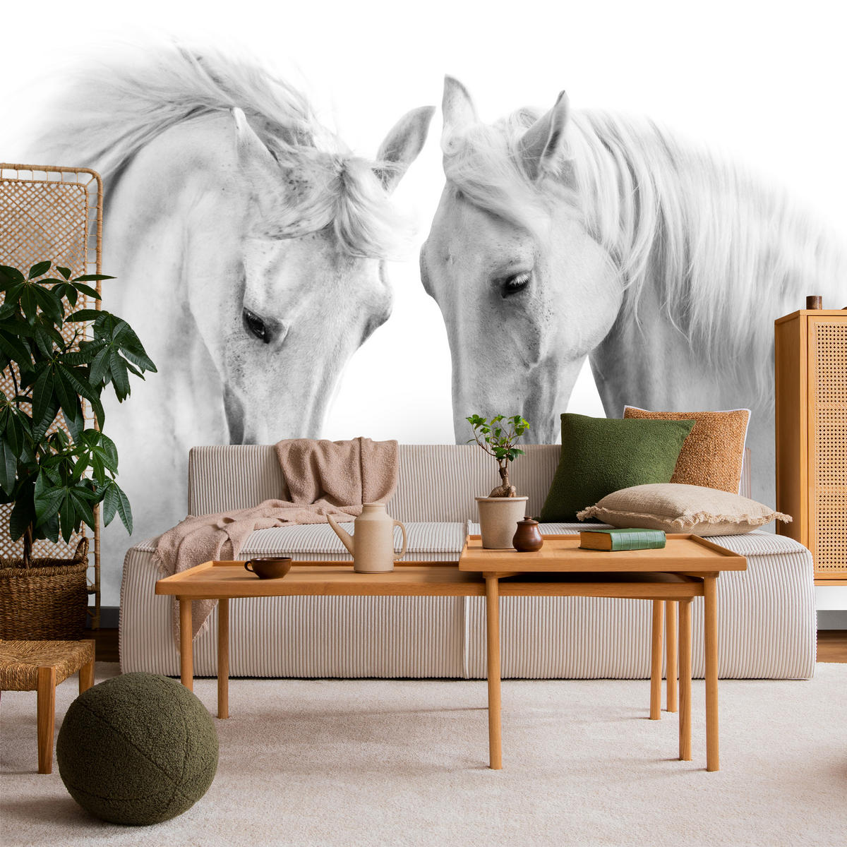 FOTOTAPETE für Schlafzimmer Weiße Pferde Grauer Hintergrund Eleganz Tierwelt 450x315 - Weiß/Grau, Papier (450/315cm) - Muralo