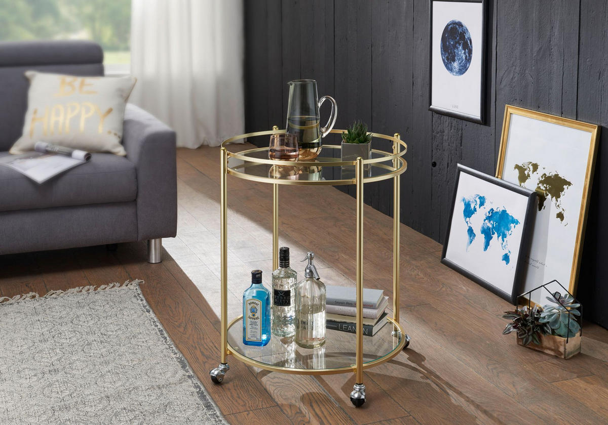 SERVIERWAGEN – Gold, Sicherheitsglas, auf Rollen - Goldfarben, Glas/Metall (57/75/57cm) - KADIMA DESIGN