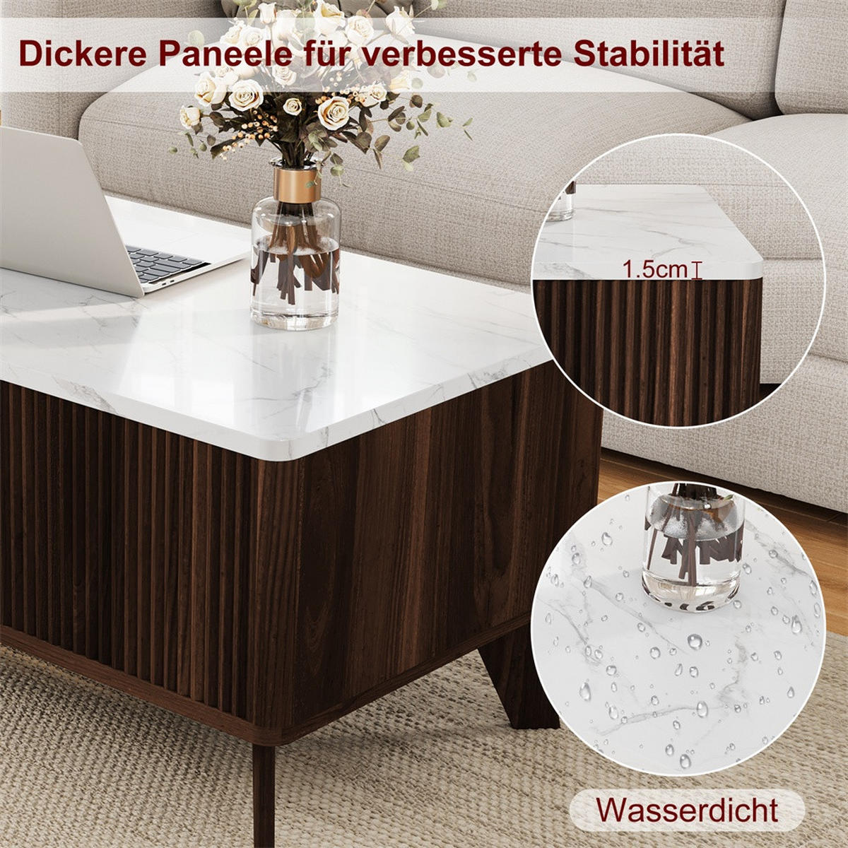 COUCHTISCH in weißer Marmoroptik - Couchtisch Rechteckig mit Lift-Funktion Stauraum und Holzbeinen - Walnuss - Walnussfarben, Holzwerkstoff (53/105/42cm) - DELFA