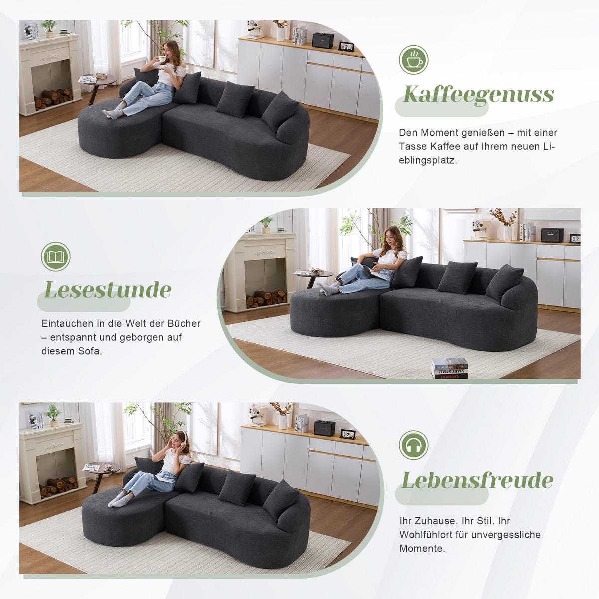 ECKSOFA Chenille Dunkelgrau werkzeugfreie Montage - Dunkelgrau, Textil (243/150cm) - WISHDOR