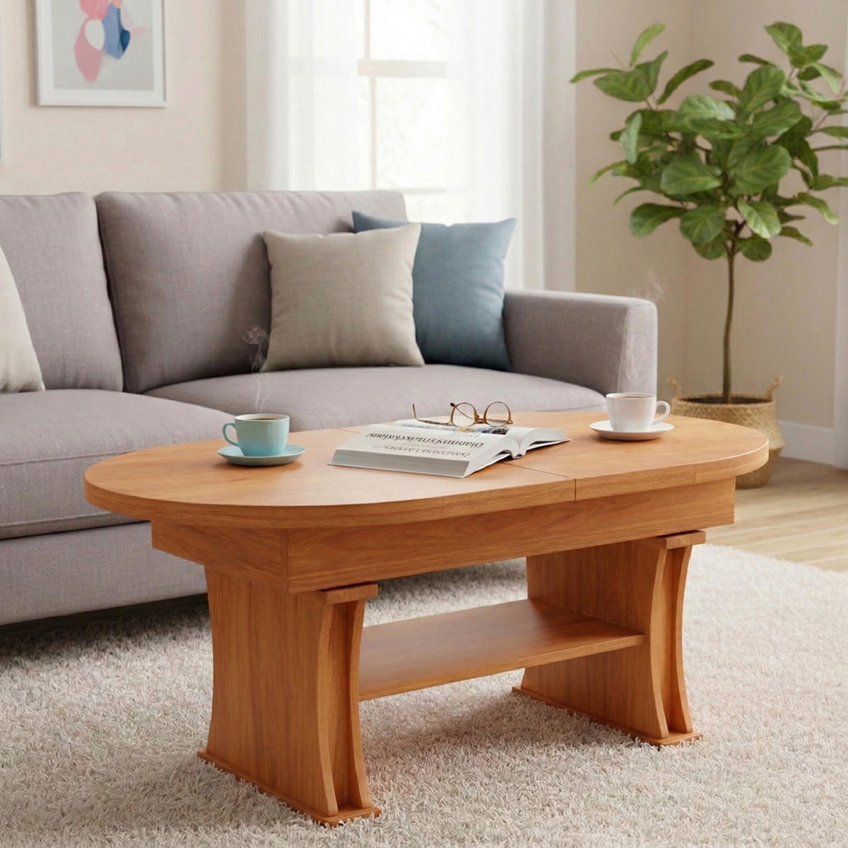 COUCHTISCH oval ausziehbar höhenverstellbar Ablage 130/80/60 cm - Erlefarben, Holzwerkstoff (80/130/60cm) - designimpex