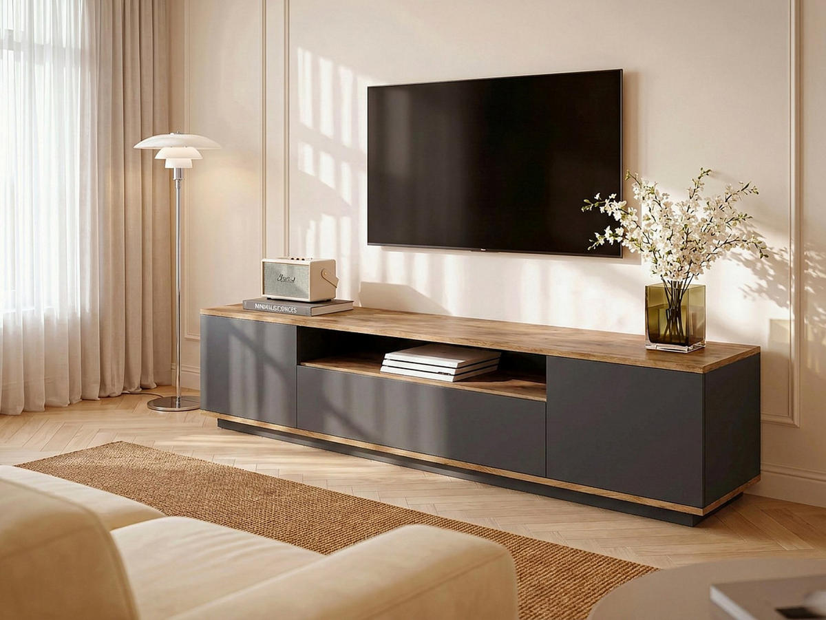 TV-BOARD - 180 cm x 44.5 cm - Holz, Platte - Anthrazitgrau, Naturfarben Hell LOTULA - Anthrazit/Naturfarben, Holz (180/44.6/44.5cm) - Vente-Unique
