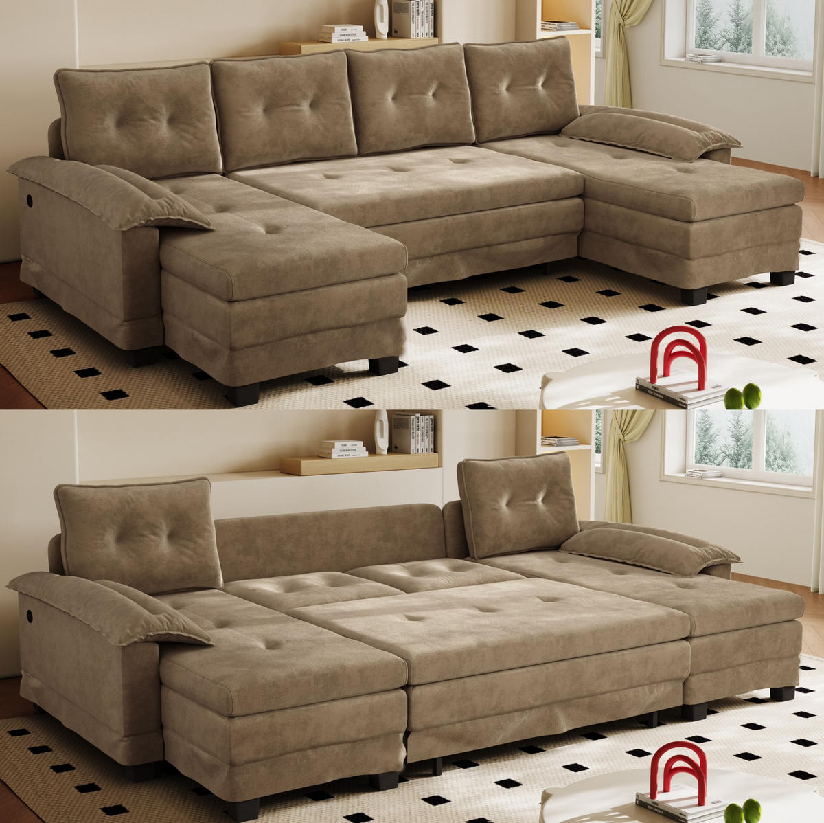 SCHLAFSOFA aus Chenille 278x127x87 cm Khaki mit USB-Anschluss, abnehmbaren Armlehnen und ausziehbarer Schlaffunktion - Beige, Textil (278/87/127cm) - Modfu