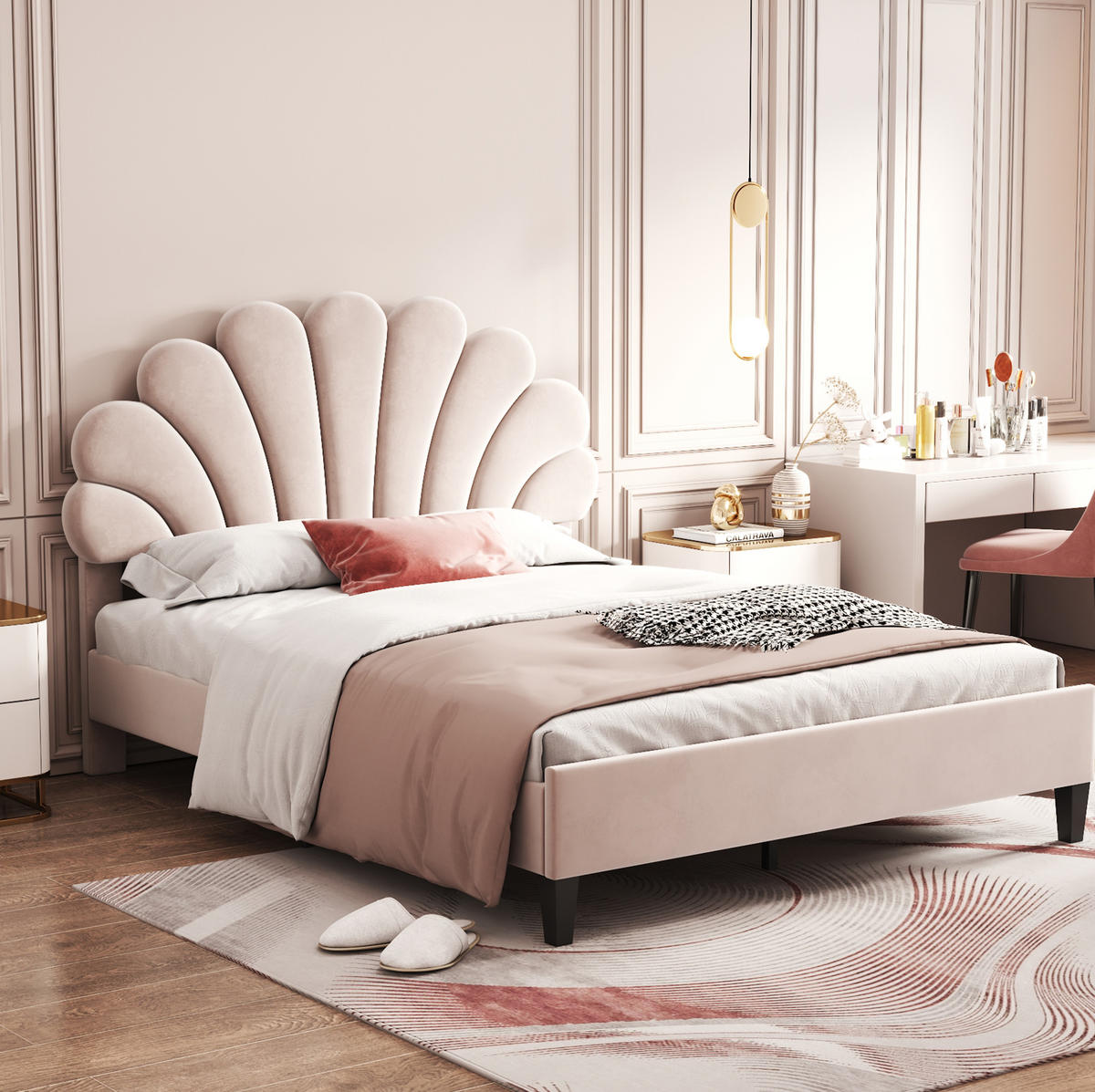 POLSTERBETT 140/200 cm Beige mit blumenförmigem Kopfteil und Lattenrost - Beige, Textil (140/200cm) - OKWISH