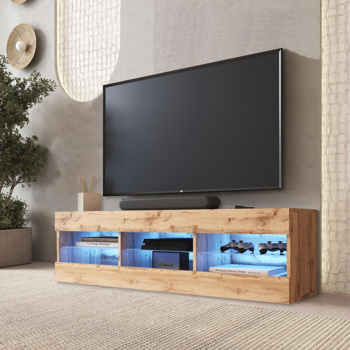 LOWBOARD TIVOLI RTV 140, Wotan, LED Blau - Eiche Wotan, Glas/Holzwerkstoff (140/40.5/35.5cm) - Komodee