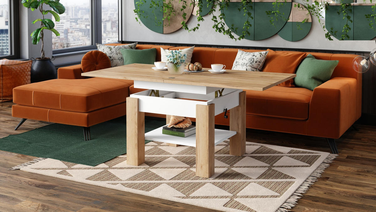 COUCHTISCH quadratisch aufklappbar höhenverstellbar 70/75/69 cm - Eichefarben/Weiß, Holzwerkstoff (75/70/57cm) - designimpex