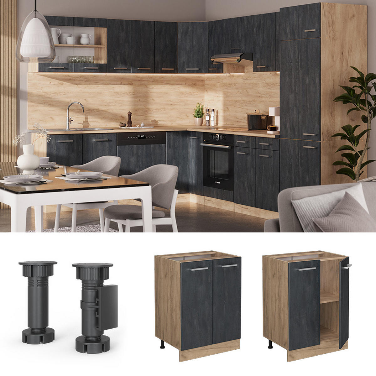 KÜCHENUNTERSCHRANK KÜCHENSCHRANK R-Line Schwarz Beton 60 cm AP Anthrazit - Eiche Wotan/Schwarz, Holzwerkstoff (60/81.6/60cm) - Vicco