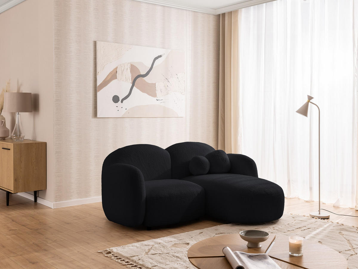 ECKSOFA Nuvola mit abgerundetem Design Schwarz Bouclé-Stoff - Ottomane Rechts - Schwarz, Holz/Kunststoff (190/146cm) - S-Style Möbel
