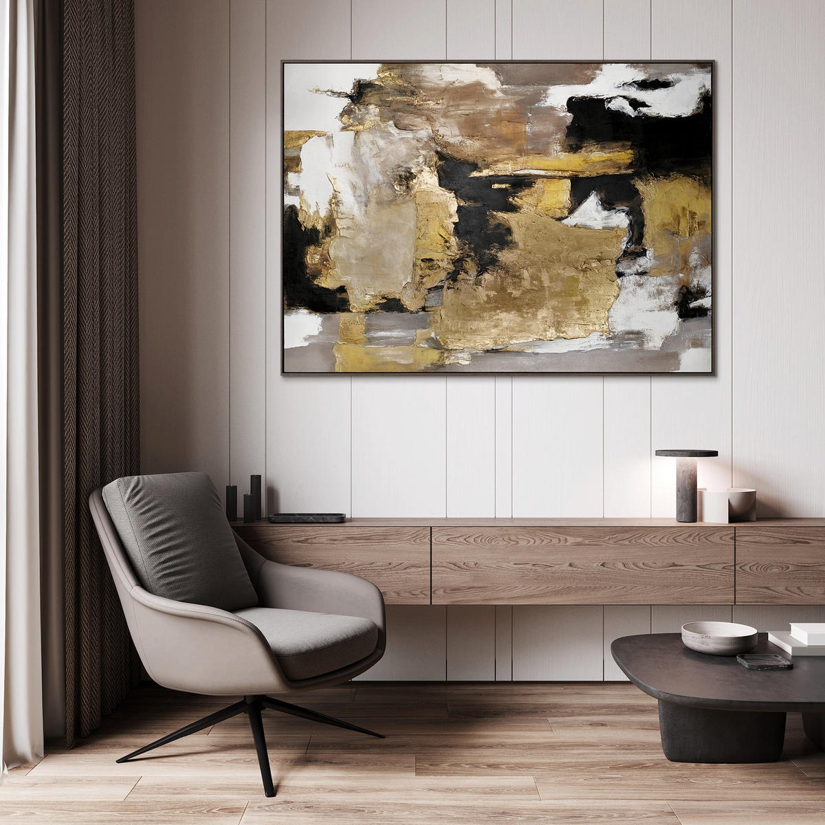 GEMÄLDE Goldene Fragmente II Schattenfugenrahmen Grau 120x80 cm - Grau, Holz (120/80cm) - YS-art gallery