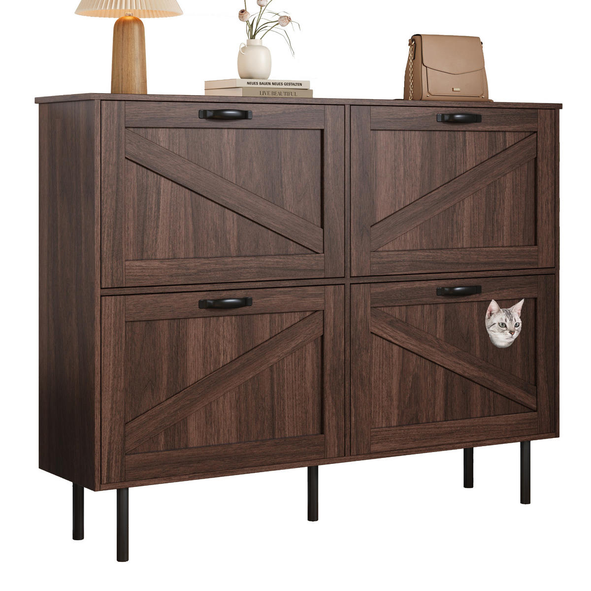 SCHUHSCHRANK 3 Klappen Ablage schmal - Naturfarben, Holzwerkstoff (120/92/28cm) - LEBENLANG